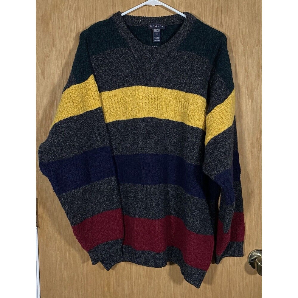 Vtg 90's Gant Merino Wool Sweater Multi-Color Block Knit Crew Neck Men's Sz Lg